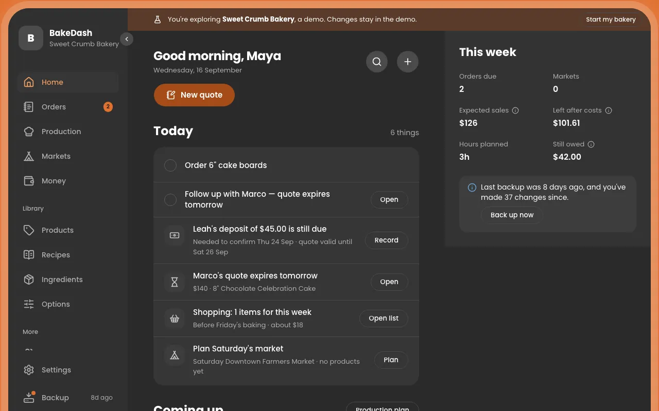 BakeDash Home screen: today's orders, what to bake and what to buy for a small bakery